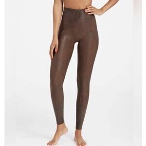 SPANX Faux Leather Brown Snakeskin Print Leggings Size M Mid High Waist Slimming